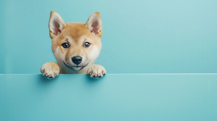 Playful Shiba Inu puppy dog peeking out from behind a blue banner, isolated on a light blue pastel backdrop, with a happy and funny demeanor.