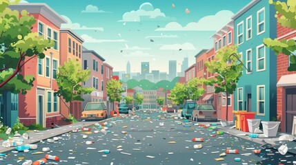 Wall Mural - A cartoonish city street with trash on the ground and cars parked on the side