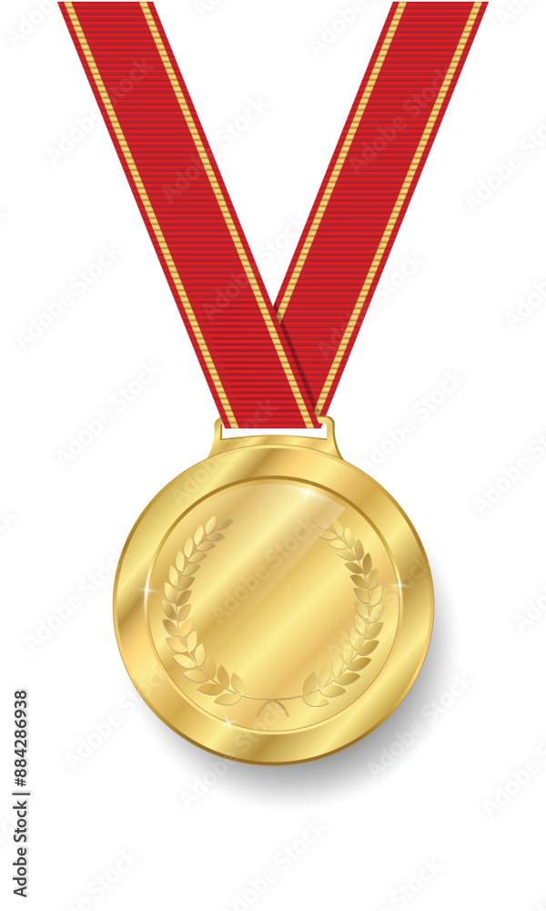 Gold medal Realistic shiny with red ribbon. Champion golden trophy ...