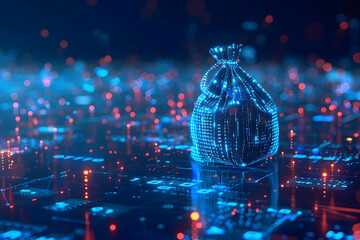 Futuristic digital rendering of a money bag symbolizing digital finance and cryptocurrency, with blue neon lights and a cyber background.