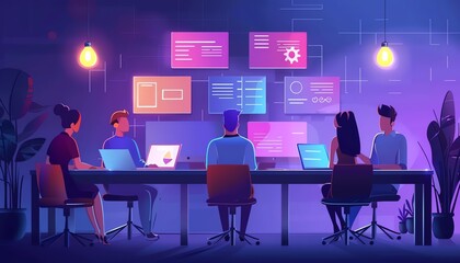 Team collaboration meeting, innovating software solutions, tech company office, hightech environment, software development brainstorming
