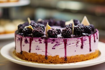 Poster - Mouthwatering blackberry cheesecake topped with fresh berries and sauce