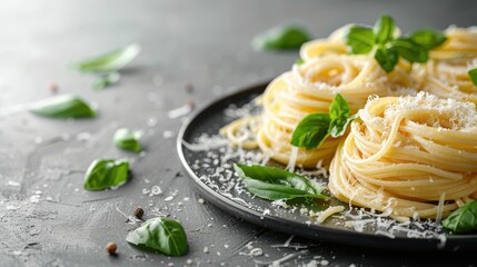 A plate of freshly prepared pasta topped with basil leaves and grated Parmesan cheese, presented on a dark background.