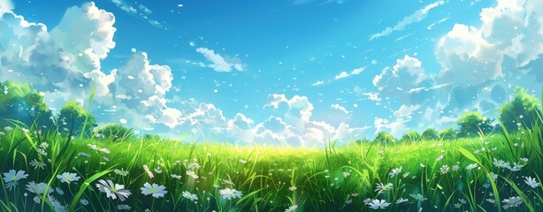 Wall Mural - A beautiful anime background of a blue sky with white clouds, a green grassy field in the foreground