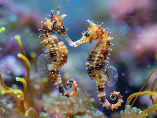 Sticker - Two seahorses gracefully intertwine in a mesmerizing underwater courtship dance, surrounded by colorful corals.