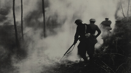 Wall Mural - Soldiers running through battlefield smoke and gunfire during world war i