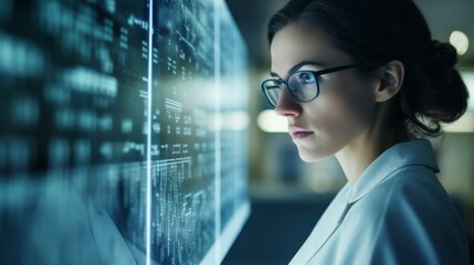 Poster - Female scientist in glasses reviewing brain research data in laboratory setting copy space neutral lighting