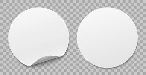 Poster - Circle adhesive paper round stickers with peeling corner and shadow, isolated rounded empty mockup, blank realistic round paper label sticker mockup with curved corner