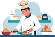 © Mustafa - Illustration of a chef in a kitchen preparing a meal with fresh ingredients and kitchen utensils.