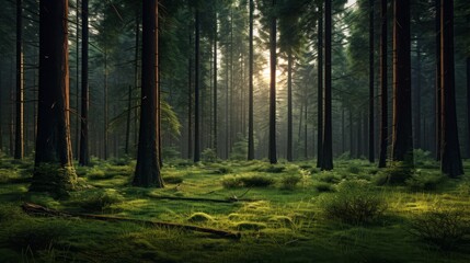 Wall Mural - Green grass and tall trees in a summer forest at dusk