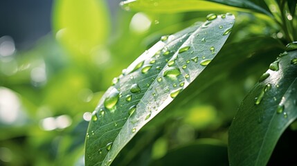Fototapete - Green leaf with water droplets, summer garden, morning light and shadows