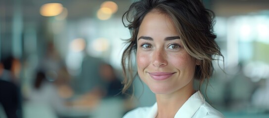 Wall Mural - Editorial eye level waist-up shot of an elegant business woman smiling in her office