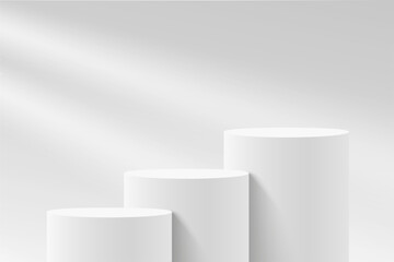 Poster - Empty white circle podium and window light blur on white wall, pedestal and platform, stand stage, column platform pillar, round empty stages and podium stairs 3d template for product presentation