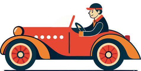 Colorful vintage illustration of a man driving a classic red car, highlighting retro style and automotive nostalgia.