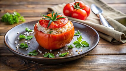 Poster - Stuffed tomato on a plate with rice and herbs, tomato, stuffed, vegetable, food, dish, meal, rice, herb, gourmet