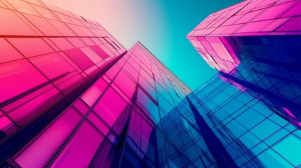 Poster - futuristic building with a vibrant color gradient facade that transitions from deep blue to bright pink