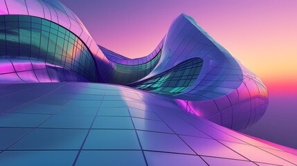 Poster - modern architectural structure with flowing lines and a gradient color scheme blending purple, blue, and green