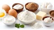 © konlawat - A selection of baking ingredients such as flour, sugar, eggs, and butter, arranged in a clean, organized manner on a transparent background.