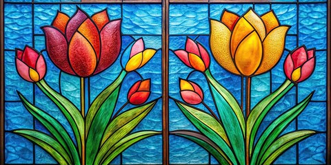 Colorful stained glass painting of two flowers against a blue background, stained glass, painting, flowers, colorful, blue