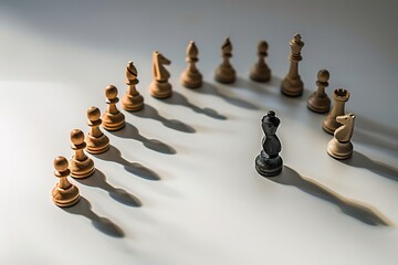 Wall Mural - A black pawn surrounded by brown pawns on a white background with light shining from the side