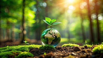 Poster - Close-up of a small green planet with leaves sprouting from it, nestled in lush forest ground, symbolizing environmental awareness