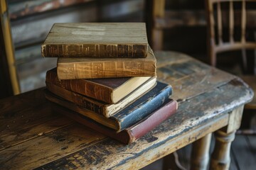 Wall Mural - Stack of old, worn books placed thoughtfully on a weathered wooden table, evoking a sense of history and nostalgia