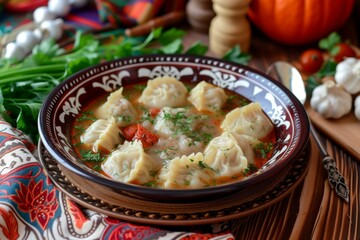 Sticker - Hearty dumpling soup served in a patterned bowl with fresh herbs, capturing a homemade feel