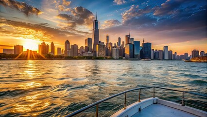 Wall Mural - Chicago skyline at sunset from a sightseeing cruise boat on the river, Chicago, Illinois, USA, skyline, cityscape