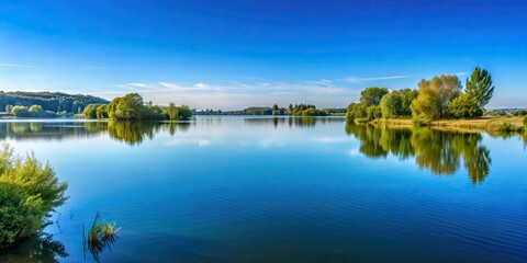 Poster - Tranquil lake in Lac de Madine, France with clear blue sky reflected on water surface, Lac de Madine, Grand Est