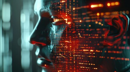 Aufkleber - AI humanoid head with futuristic data streams