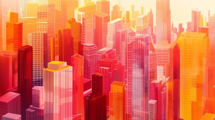 Poster - An abstract cityscape featuring skyscrapers with facades in bold gradient hues of red, orange, and yellow