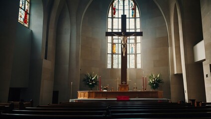 Wall Mural - Cross featured in an abstract church interior setting