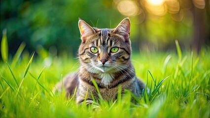 Poster - Cat resting in lush green grass, cat, grass, green, nature, outdoor, pet, feline, relaxation, peaceful, tranquil, furry