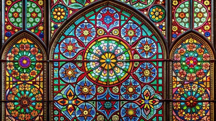 Wall Mural - Colorful stained glass window featuring intricate patterns and designs, stained glass, window, colorful, vibrant