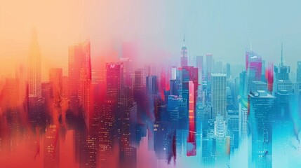 Poster - An imaginative city skyline with buildings featuring bold gradient colors from red to blue