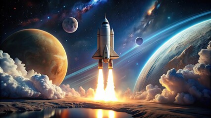 Wall Mural - rocket ship launching into space with distant planet and moon in background, rocket, space, launch, 