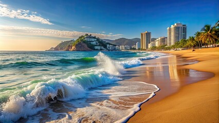 Sticker - Ocean waves crashing on the sandy beach in Acapulco Mexico, beach, Acapulco, Mexico, ocean, waves, sand, shore, coastline