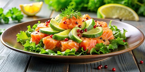 Poster - Salad with salmon, tartar, avocado and fish , food, seafood, healthy, meal, bowl, fresh, organic, greens, protein, gourmet