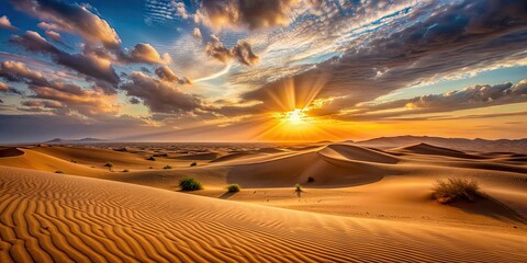 Wall Mural - Sunset over sand dunes in the desert , desert, summer, sand, dunes, heat, arid, landscape, remote, solitude, horizon, sun, sky