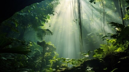 Poster - Bright sunlight breaking through the canopy of a tropical rainforest
