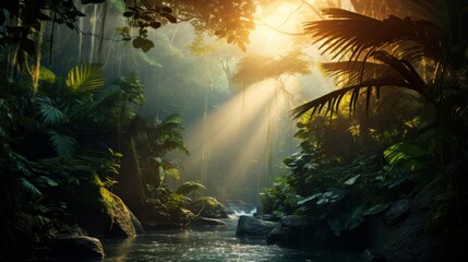 Poster - Bright sunlight breaking through the canopy of a tropical rainforest