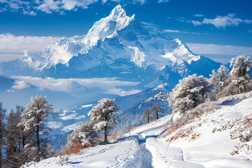 Wall Mural - Majestic Snowy Mountain Peaks with Pristine Winter Forests and Blue Sky - Stunning Nature Landscape with Crisp Details