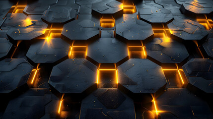 Poster - Radiant golden lighting grid illuminating an intricate 3D hexagonal black metal backdrop creating a sleek and sophisticated futuristic industrial environment with a dramatic minimalist aesthetic
