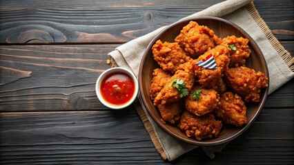 Poster - Delicious Korean fried chicken pieces with sauce and South Korean flag in a premium setting, Korean cuisine