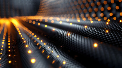 Poster - Elegant carbon fiber inspired abstract background featuring a dark geometric 3D texture shimmering golden light lines and a minimalist black horizontal banner design