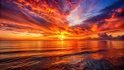 Sticker - Breathtaking ocean sunset with orange and red hues reflecting off the water, sunset, ocean, colorful, sky, horizon