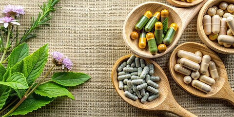 Wall Mural - Comparison between traditional herbal medicine and modern pills in treating various health conditions