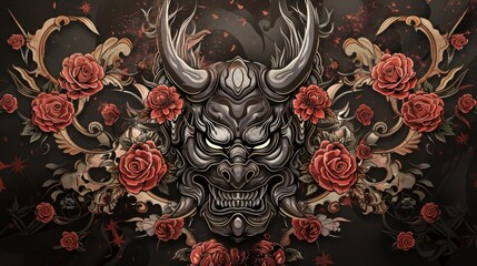 Poster - Japanese oni devil mask art with floral ornaments background wallpaper AI generated image