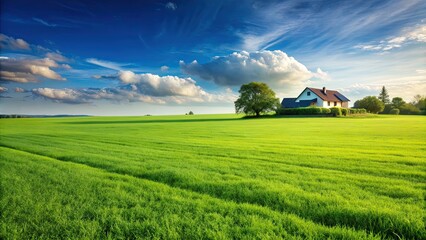 Sticker - Green grass field with a house in the horizon , nature, landscape, outdoor, rural, scenic, countryside, meadow, peaceful