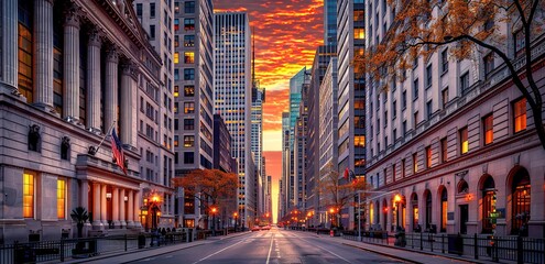 Naklejka na meble A street in the middle of the city with tall buildings and sunset light in the background